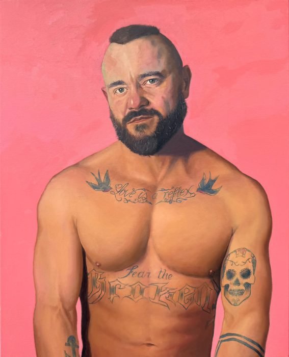 Oil portrait of a bearded, tattooed man against a pink background