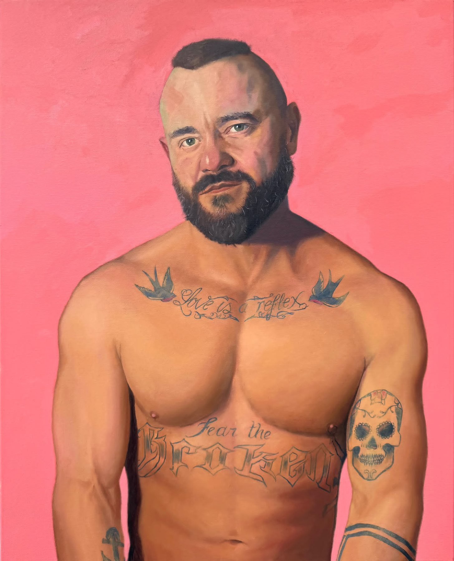 Oil portrait of a bearded, tattooed man against a pink background