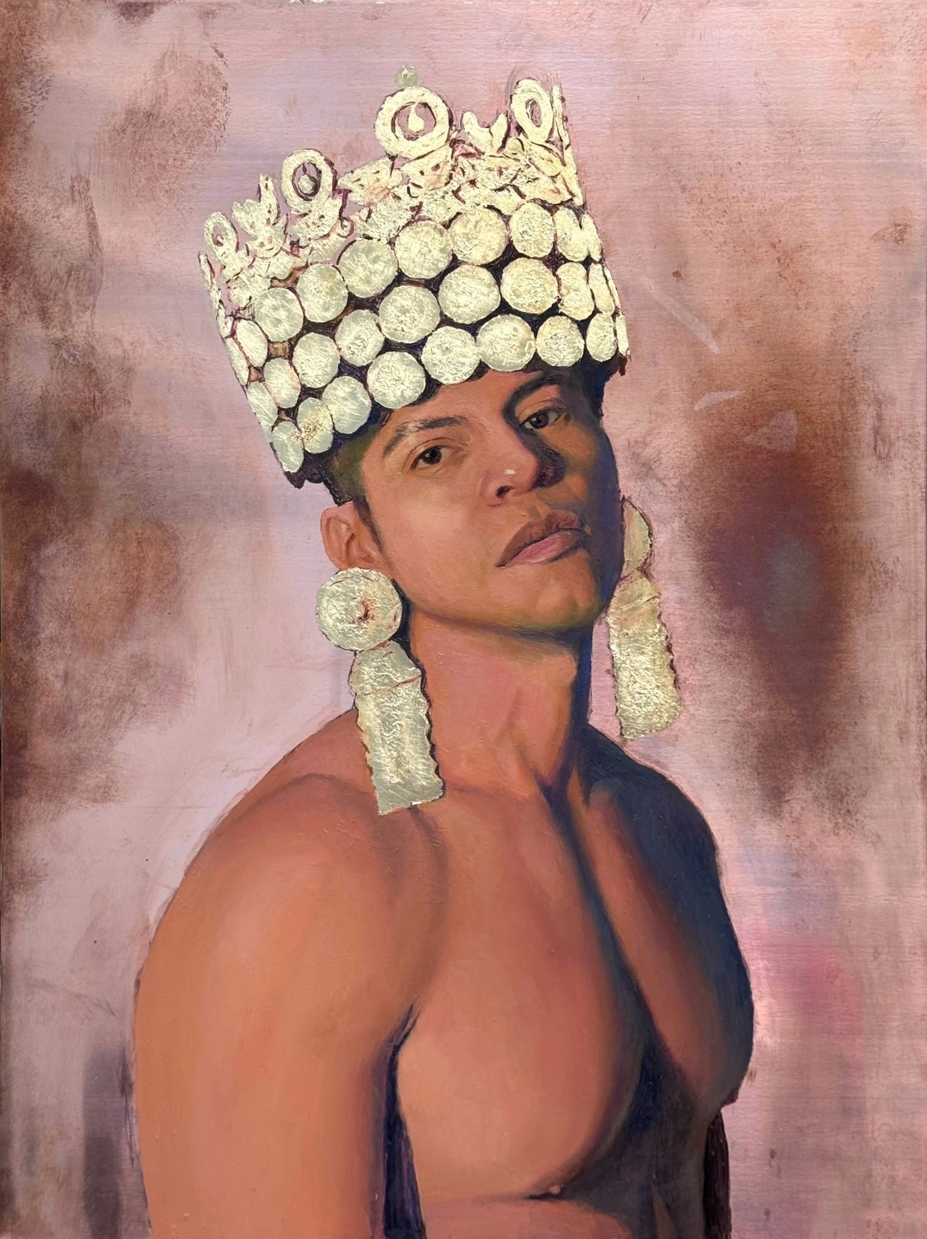 Self-portrait of Dante wearing a gold crown and earrings against a dusky pink ground