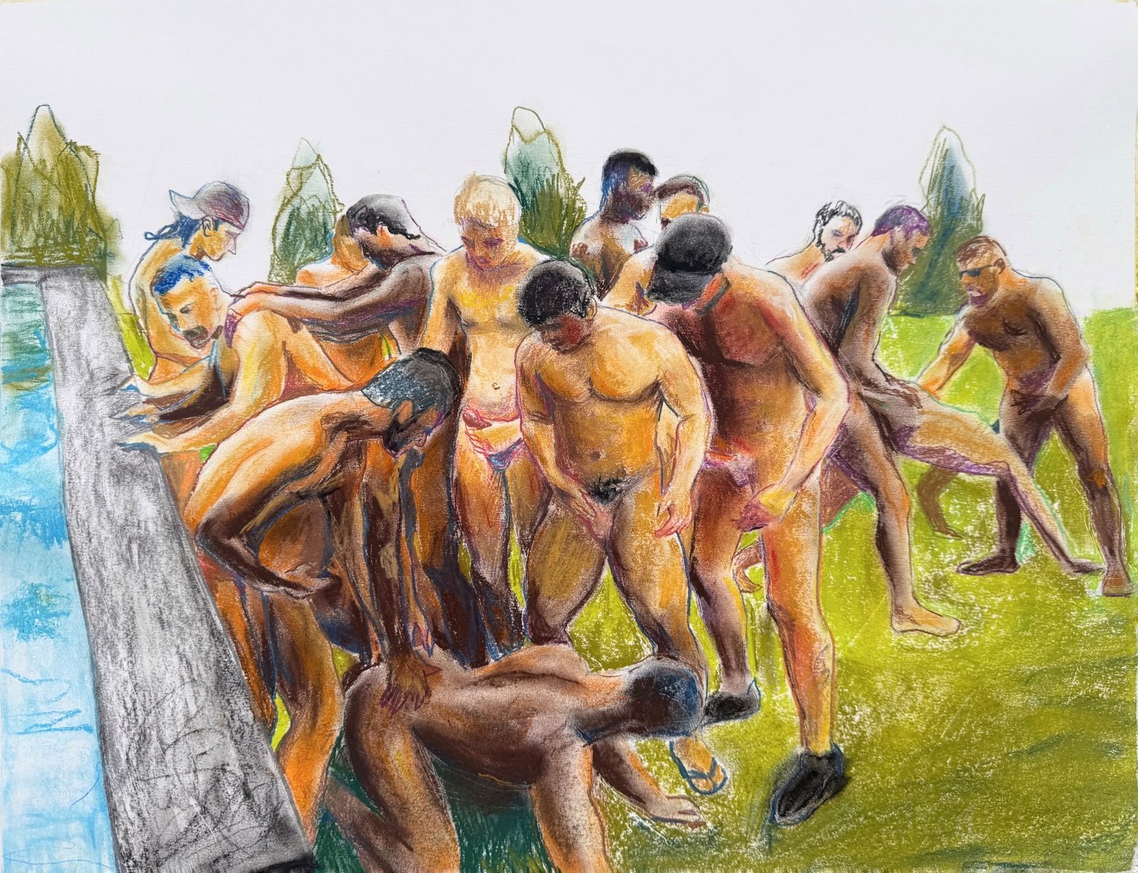 Pastel drawing of a group of nude men beside a swimming pool on a summer lawn