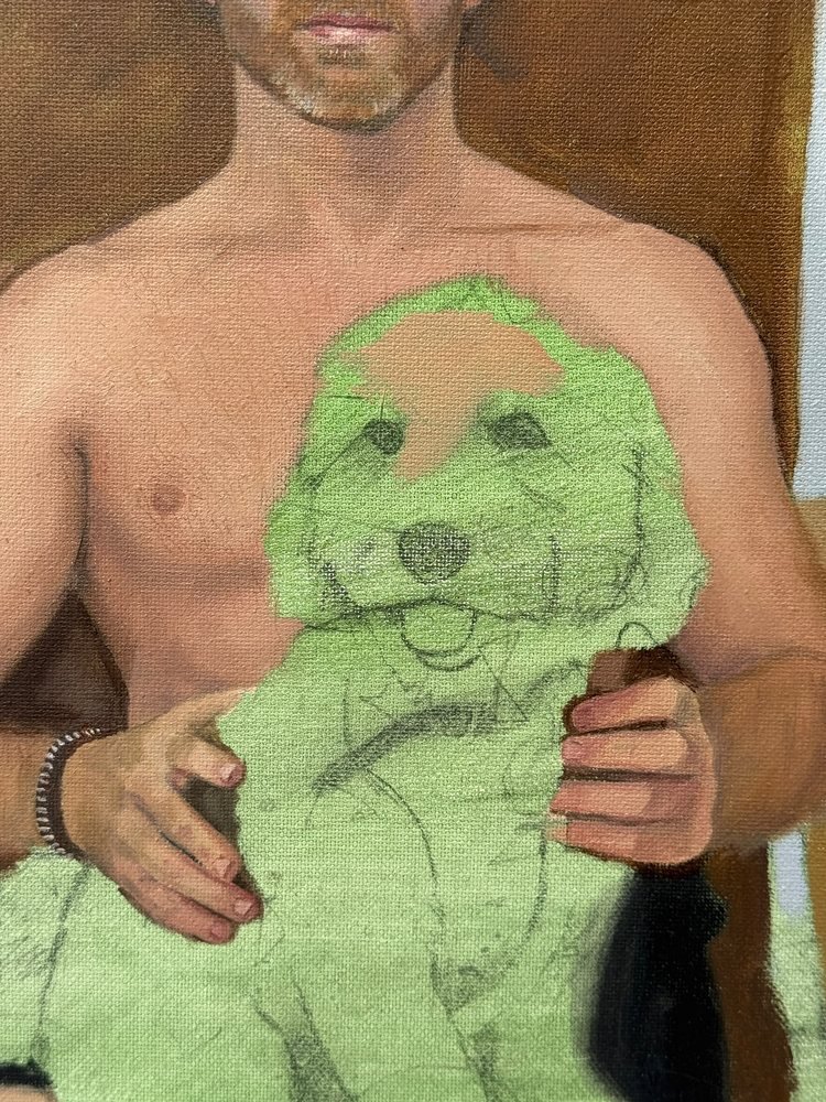 Close-up of the unfinished canvas: Natty in pencil over green, Anthony’s hands painted