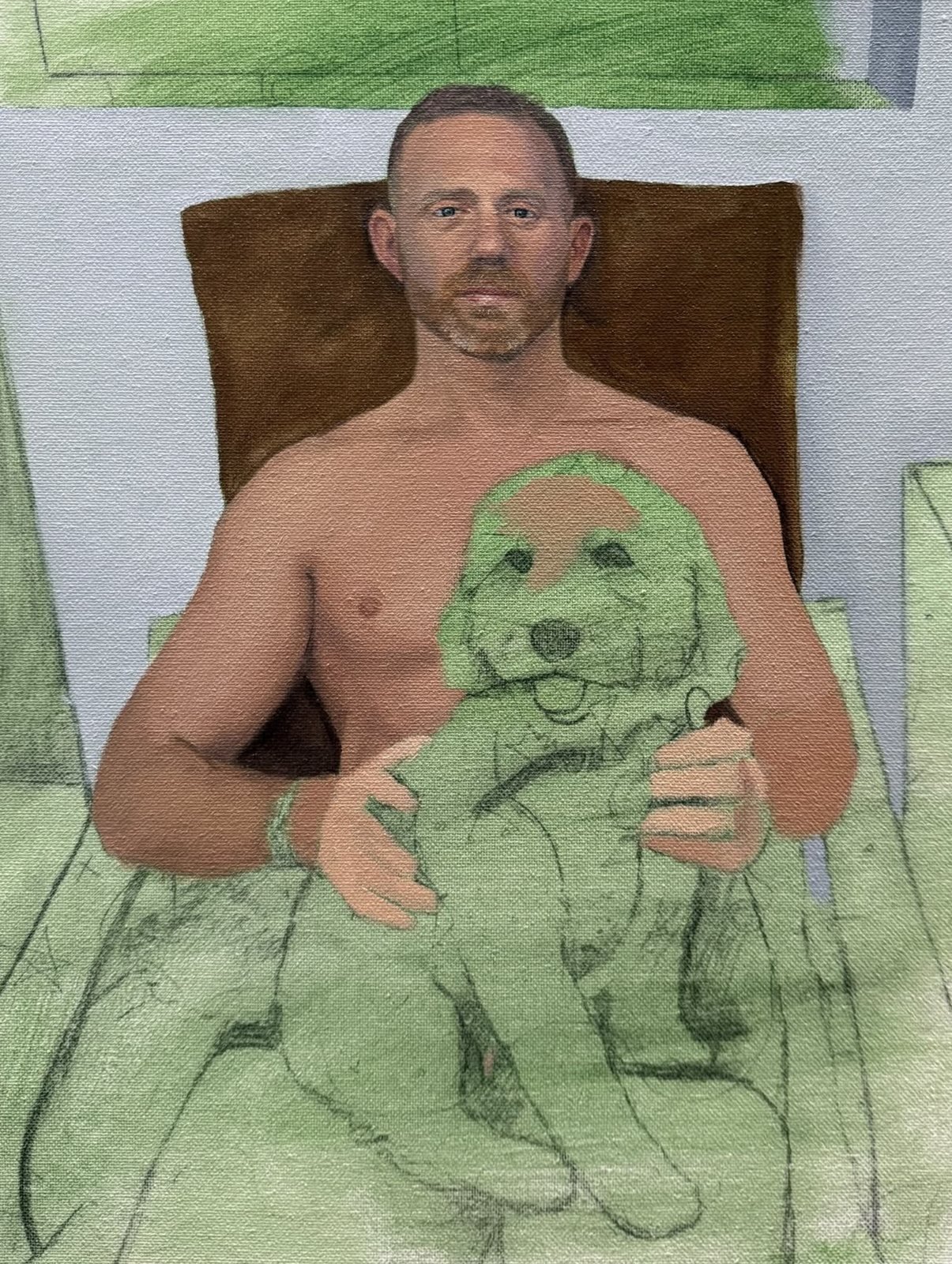Early stage: the portrait drawn in, with Natty sketched over a green ground