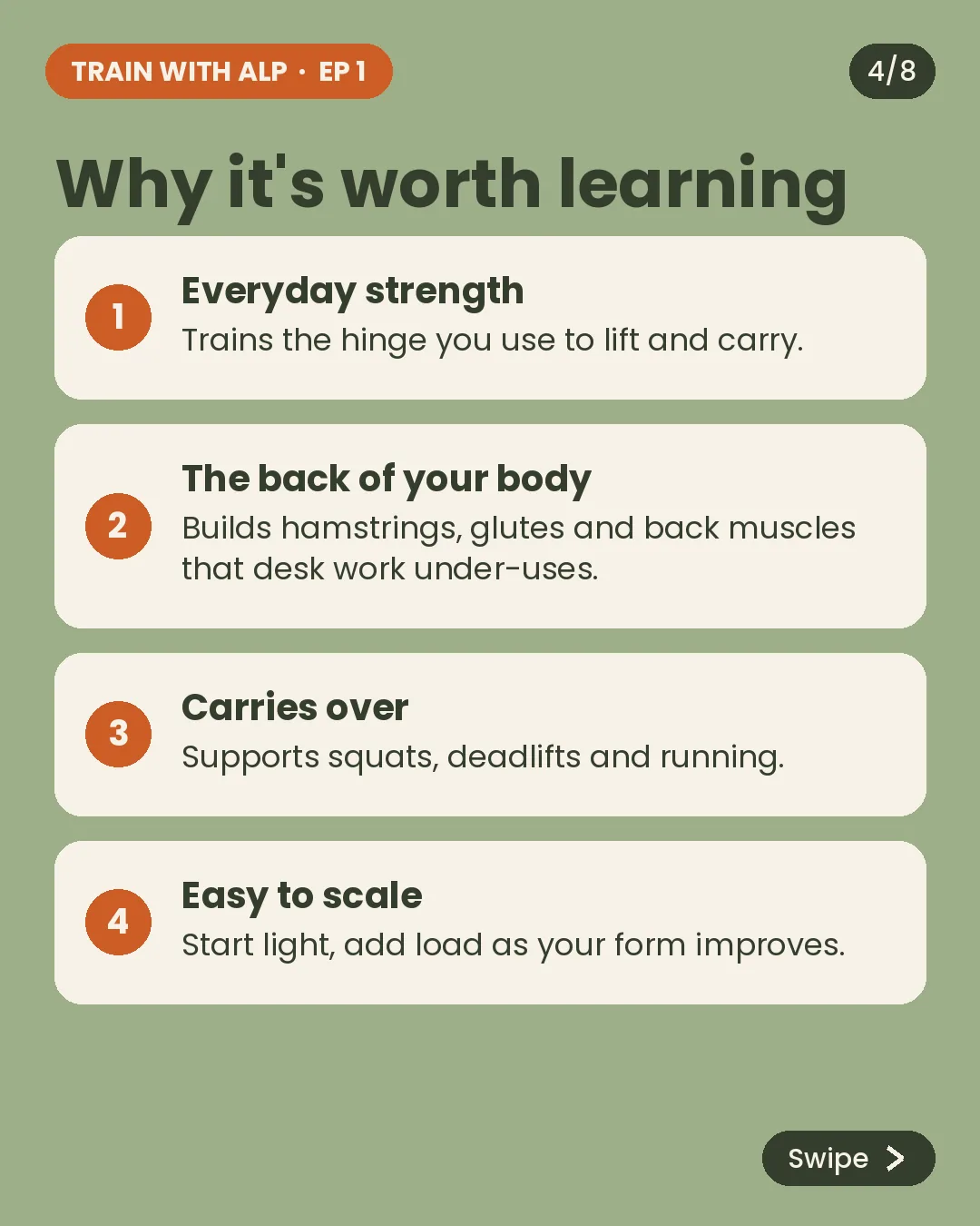 Why it is worth learning: everyday strength, a stronger back of the body, carry-over to squats, deadlifts and running, and easy to scale.